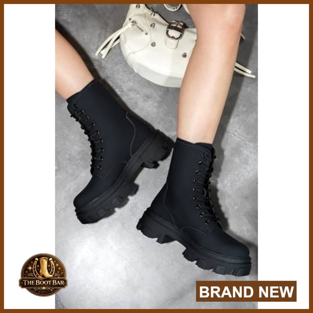 Chunky Heel Combat Boots Platform Ankle Booties Lace Up Streetwear - Picture 2 of 7